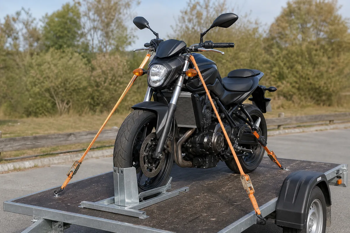 Moto sanglée fourche comprimée sur une remorque, sangles diagonales à l’avant