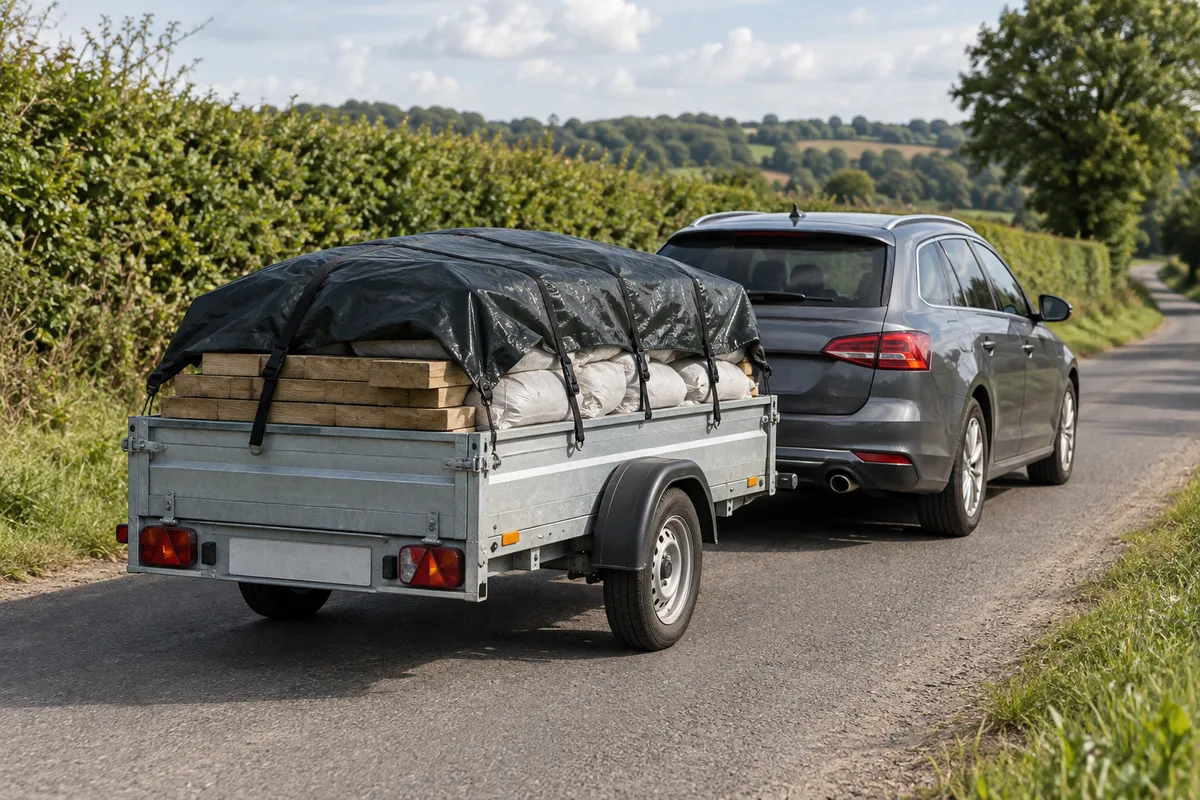 Remorque à simple essieu chargée de planches et de sacs de gravats bâchés, attelée à une voiture grise sur une route de campagne