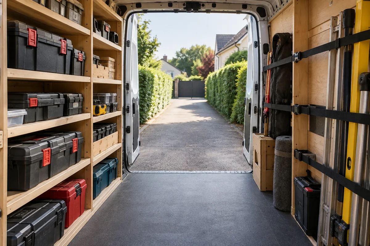 Intérieur d’un fourgon utilitaire aménagé avec étagères en bois et caisses à outils, portes arrière ouvertes sur une allée pavillonnaire