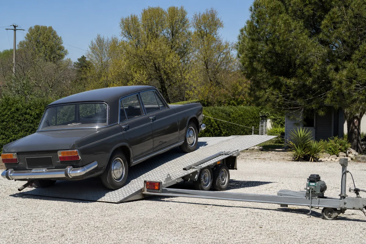 Voiture ancienne tractée par câble sur le plateau incliné d&rsquo;une remorque porte-voiture, vue de trois quarts arrière