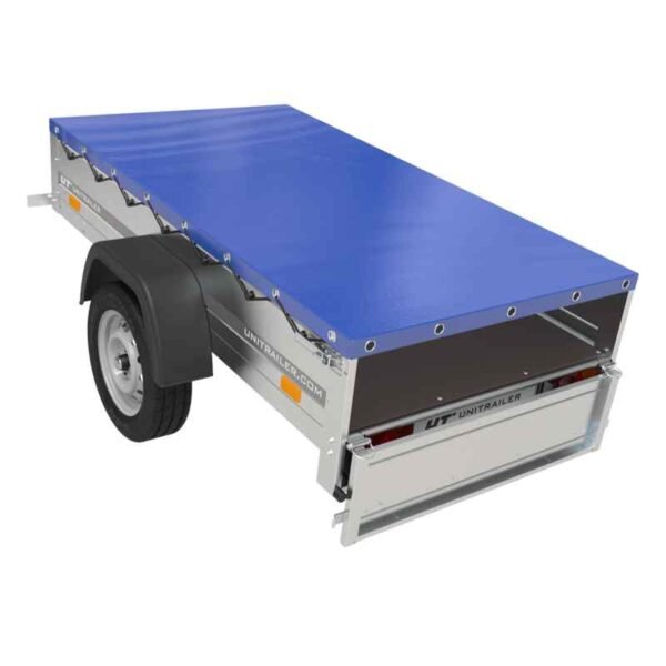 Remorque de voiture Garden Trailer 200 Kipp avec roue jockey, châssis H-0 et bâche plate bleue