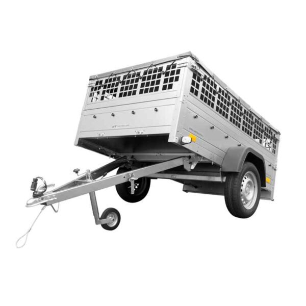 Remorque voiture utilitaire à benne basculante UNITRAILER 200x125 avec bâche plate, ridelles grillagées et roue jockey - Garden Trailer 201 KIPP